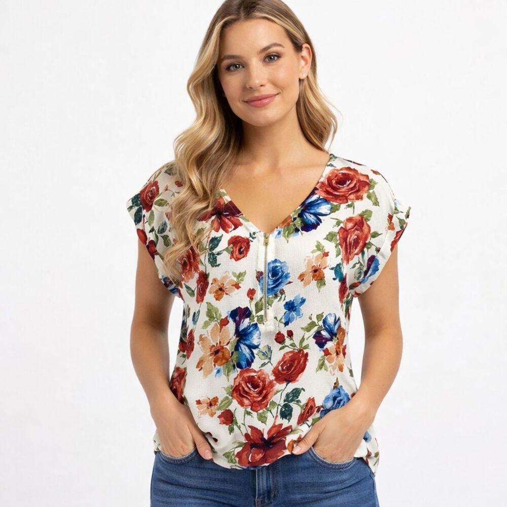 Tovia Floral V-Neck Women's Top Size XL Y2K Short Sleeves